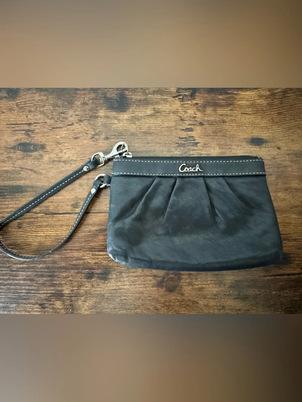 Coach Black Leather Wristlet Zip Pouch Clutch Silver Hardware Small Bag